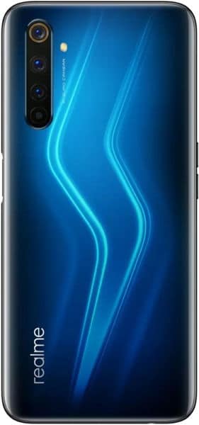 Rear view of Realme 6 Pro showing blue gradient finish, vertical quad cameras, and white Realme logo at the bottom left.