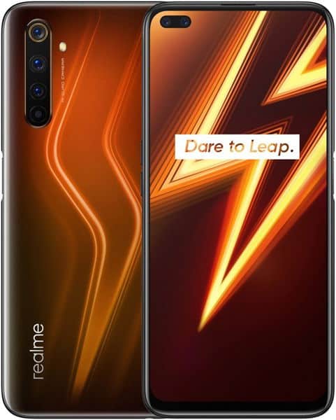 Realme 6 Pro front and rear view; orange-yellow lightning back, "Dare to Leap" on display, multiple rear cameras, slim bezels.
