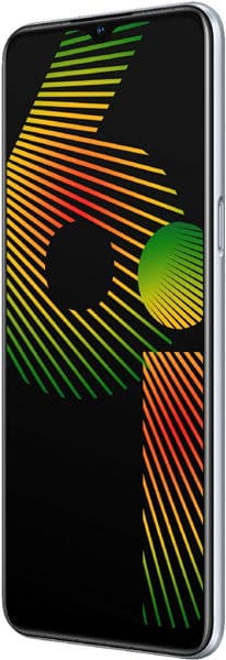 Realme 6i front view, screen displaying colorful gradient line pattern in green, yellow, orange, and red on black background