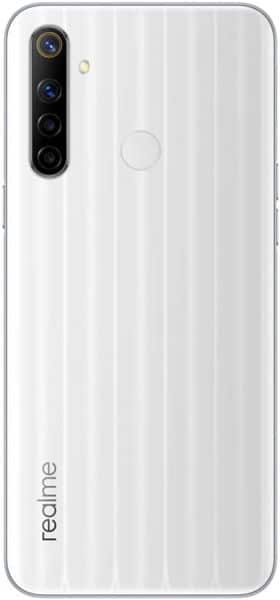 Realme 6i rear view showing white textured back with quad camera setup and fingerprint sensor