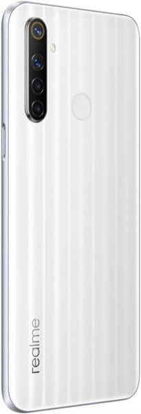 Realme 6i rear view, white with vertical stripe pattern, showing quad camera setup and fingerprint sensor