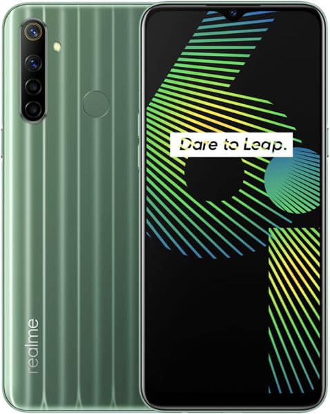 Realme 6i front and rear view, sage green with vertical ribbed texture, quad camera setup, and display showing "Dare to Leap" tagline with geometric green and blue design