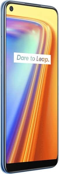 Realme 7 front view, displaying colorful gradient screen with "Dare to Leap" tagline and front-facing camera