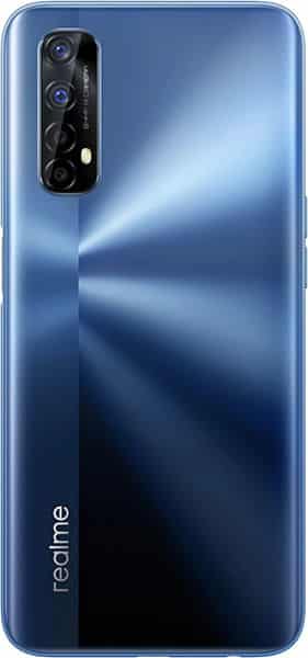 Realme 7 rear view, blue gradient finish with dual camera module in upper left corner and realme logo on lower left
