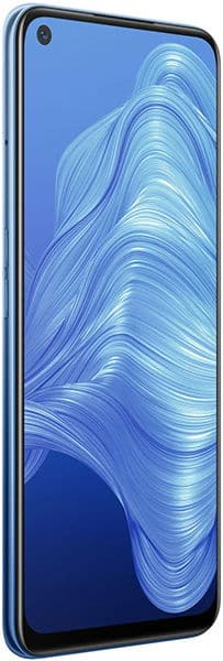 Blue Realme 7 5G smartphone, angled to show sleek side; thin bezel screen with blue swirl design and front camera at top left.