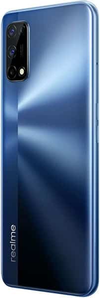 Rear view of blue Realme 7 5G showing glossy back, quad-lens rectangular camera, flash, and Realme logo at the bottom left.