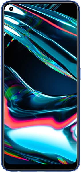 Realme 7 Pro front view showing display with colorful neon light streaks wallpaper and notch camera