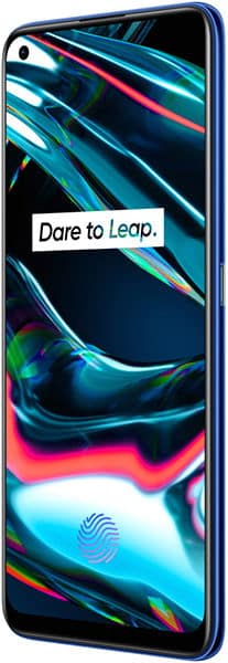 Realme 7 Pro front view displaying colorful abstract wallpaper with "Dare to Leap" text and fingerprint sensor on screen