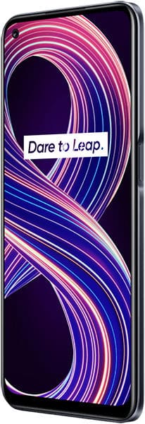 Realme 8 5G front view, displaying colorful neon pink and blue curved lines on dark screen with "Dare to Leap" text