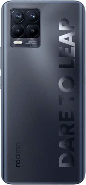 Rear view of black Realme 8 Pro showing quad-lens square camera, “DARE TO LEAP” slogan, and Realme logo at lower left.