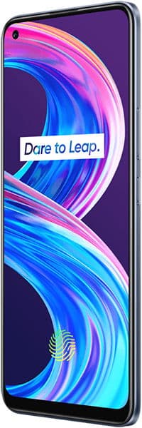 Realme 8 Pro front view with "Dare to Leap" wallpaper, plus right-side view showing two side buttons.