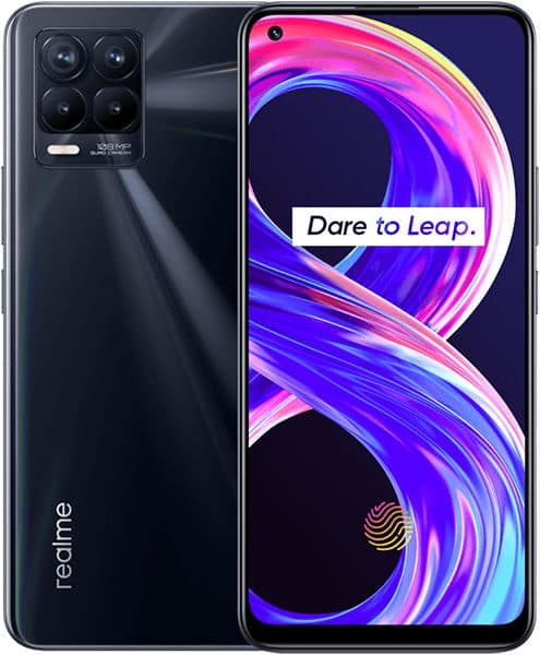 Realme 8 Pro front and rear views; display shows "Dare to Leap," black back has quad camera and Realme logo at bottom.
