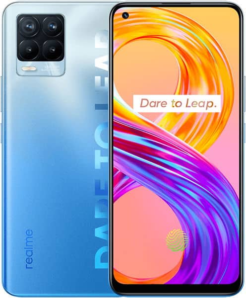 Realme 8 Pro in blue shown front and rear; rear has square quad camera and branding, front displays "Dare to Leap" graphics.