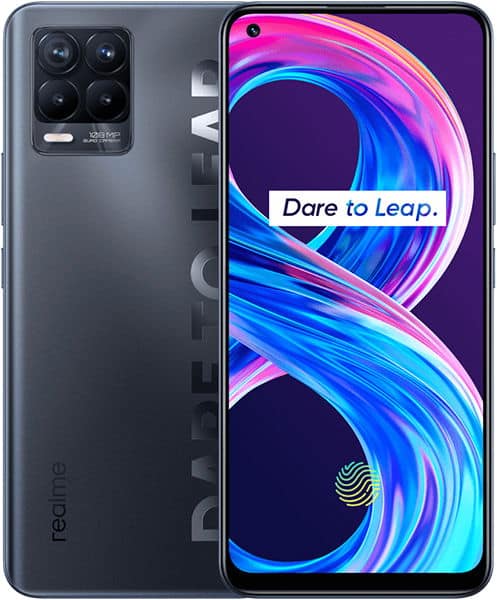 Realme 8 Pro front and rear view; front shows "Dare to Leap" on display, rear features quad cameras and "DARE TO LEAP.