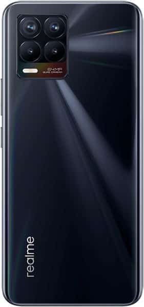 Rear view of black Realme 8 showing rectangular quad-camera, LED flash at top left, and Realme logo near the bottom left.