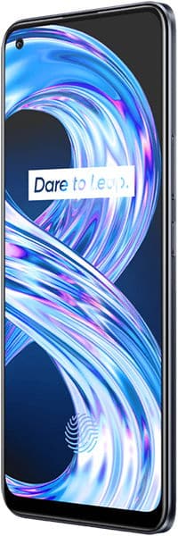 Front view of Realme 8 smartphone with curved edge display, blue-purple swirl, "Dare to Leap" text, and fingerprint icon.