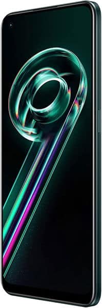 Realme 9 Pro+ front view displaying glowing turquoise and purple spiral design on dark screen