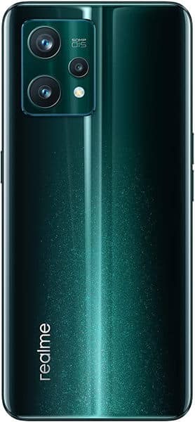 Realme 9 Pro+ rear view, dark green glossy finish with triple camera module and LED flash
