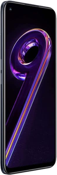 Realme 9 Pro front view, displaying purple and blue glowing number 9 graphic on black screen