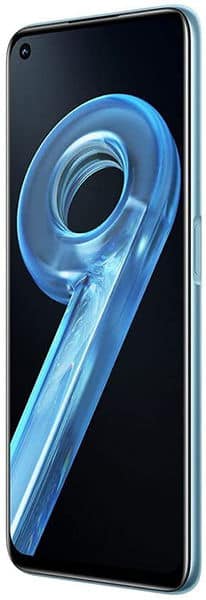 Realme 9i smartphone shown from the front, displaying a large blue "9" graphic on its screen, with a waterdrop notch and light blue frame visible against a black background