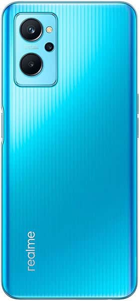 Realme 9i rear view, bright blue with vertical ribbed texture, dual camera setup, and Realme logo on lower left