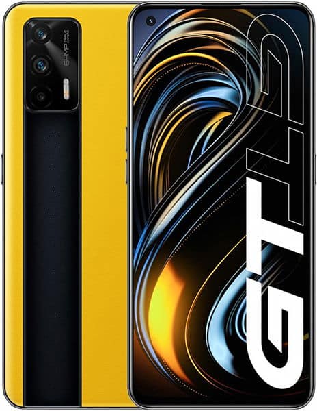 Realme GT 5G front and rear view, yellow and black design, showing triple camera setup and display with "GT" branding