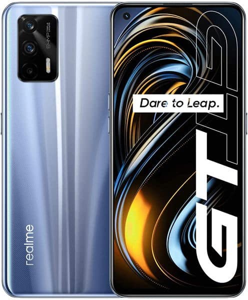 Realme GT 5G front and rear views, light blue finish with triple camera setup and "Dare to Leap" branding on screen