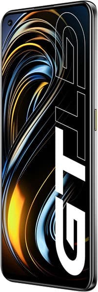 Realme GT 5G smartphone front view, displaying curved colorful abstract design with gold and blue swirls on black screen