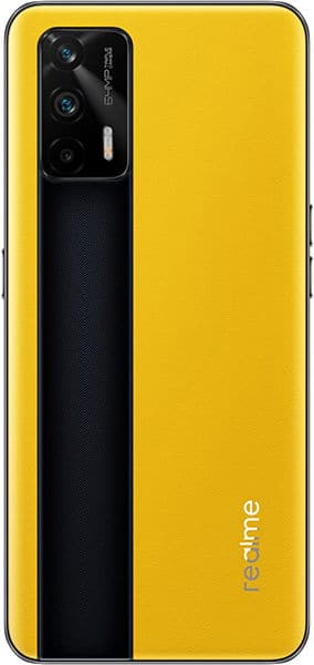 Realme GT 5G rear view, yellow and black design with triple camera module and "realme" branding on back