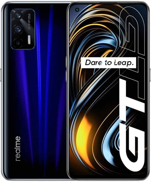 Realme GT 5G shown front and rear, with blue gradient back and "Dare to Leap" slogan on display screen