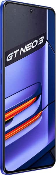 Realme GT Neo 3 front view with blue frame and illuminated display showing "GT NEO 3" text and orange accent stripes