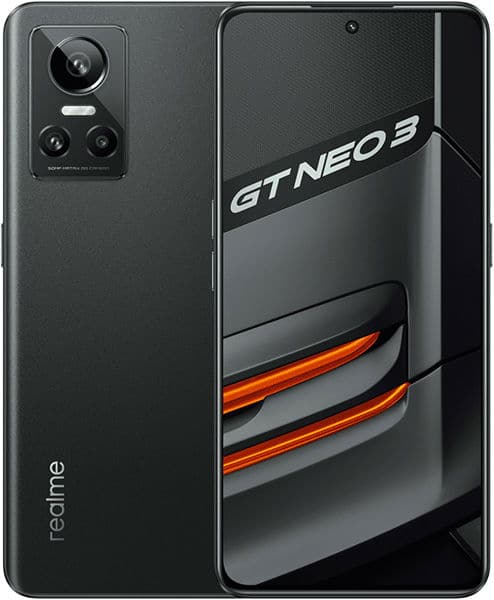 Realme GT Neo 3 front and rear view, black phone showing triple camera setup and display with orange accent stripe design