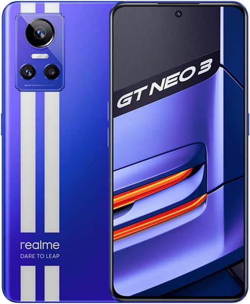 Realme GT Neo 3 rear and front view, blue with white racing stripes, triple camera setup, and colorful display showing GT NEO 3 branding