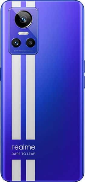 Realme GT Neo 3 rear view, blue with white racing stripes, triple camera setup, "realme" and "DARE TO LEAP" text visible