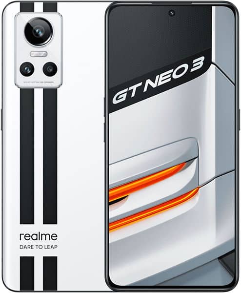 Realme GT Neo 3 rear and front views, white with black racing stripes, triple camera setup, and display with orange accent stripe