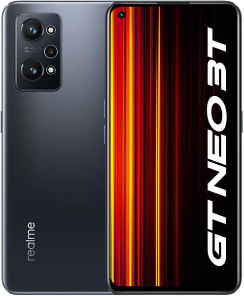 Front and back views of Realme GT Neo 3T in dark gray; front shows striped display, rear has triple cameras with LED flash.