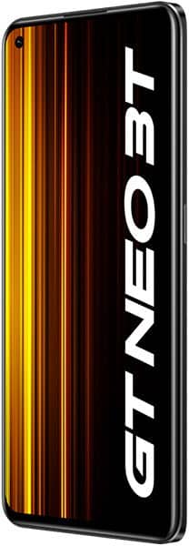 Realme GT Neo 3T smartphone with black frame shown from side; screen shows "GT NEO 3T" over yellow and orange streaks.