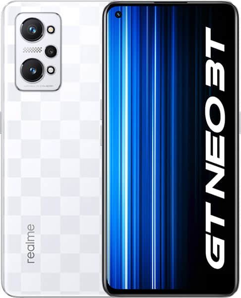 White Realme GT Neo 3T shown from rear and front; triple rear cameras and front display with blue stripes and GT NEO 3T text.
