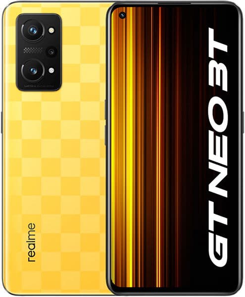 Realme GT Neo 3T rear view shows a yellow checkered back with triple cameras; front displays "GT NEO 3T" on bold stripes.