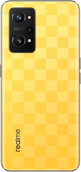 Rear view of yellow Realme GT Neo 3T showing checkered back, triple camera in top left, and vertical "realme" logo near bottom.