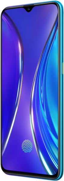 Front view of Realme X2 in blue, edge-to-edge display with blue-purple abstract design and fingerprint icon at bottom center.