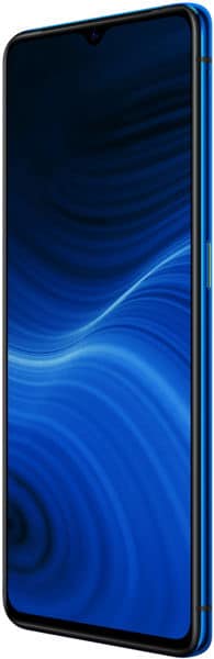 Front view of Realme X2 Pro with blue edge, large display, slim bezels, top-center notch, and blue abstract wave wallpaper.
