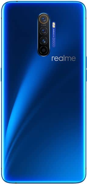 Rear view of blue Realme X2 Pro showing vertically aligned rear cameras and Realme logo to the right of the camera module.