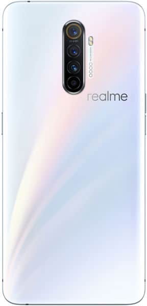 Rear view of white Realme X2 Pro with vertical quad cameras, central flash, right-side logo, and a subtle gradient finish.