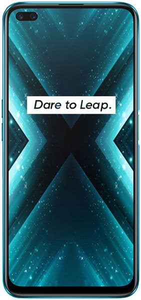 Realme X3 SuperZoom front view, displaying teal geometric X pattern with "Dare to Leap" text on screen
