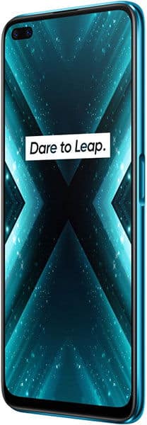 Realme X3 SuperZoom front view, teal phone with geometric X pattern on screen and "Dare to Leap." tagline displayed