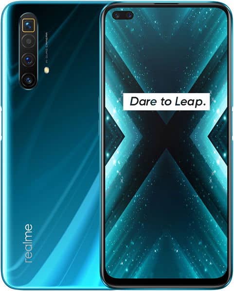 Realme X3 SuperZoom front and rear view, turquoise blue, showing quad camera setup and display with "Dare to Leap" tagline