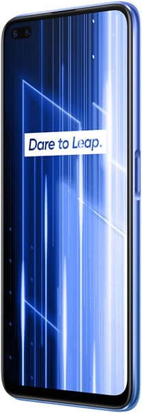 Realme X50 5G front view with blue display showing "Dare to Leap" slogan and vertical light streaks