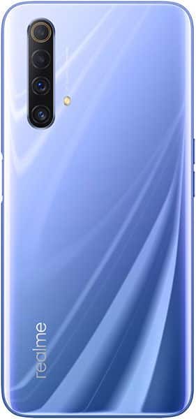 Realme X50 5G rear view, showing quad camera setup and blue gradient back panel with wave pattern