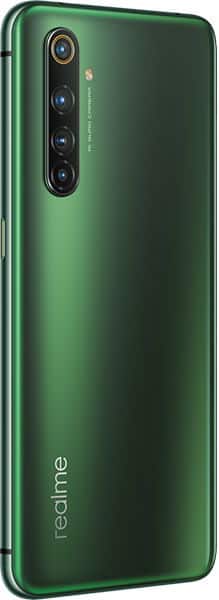 Realme X50 Pro 5G rear view, green finish with quad camera module and curved edges